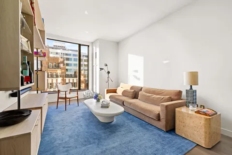 a living room with furniture a rug and a large window