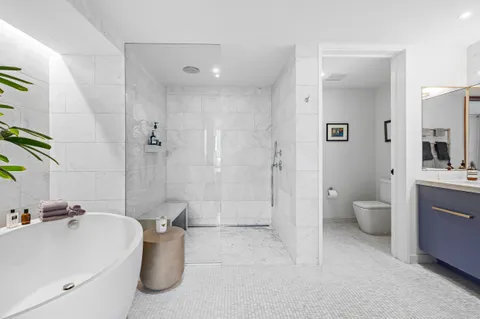 a bathroom with a tub a toilet and a shower