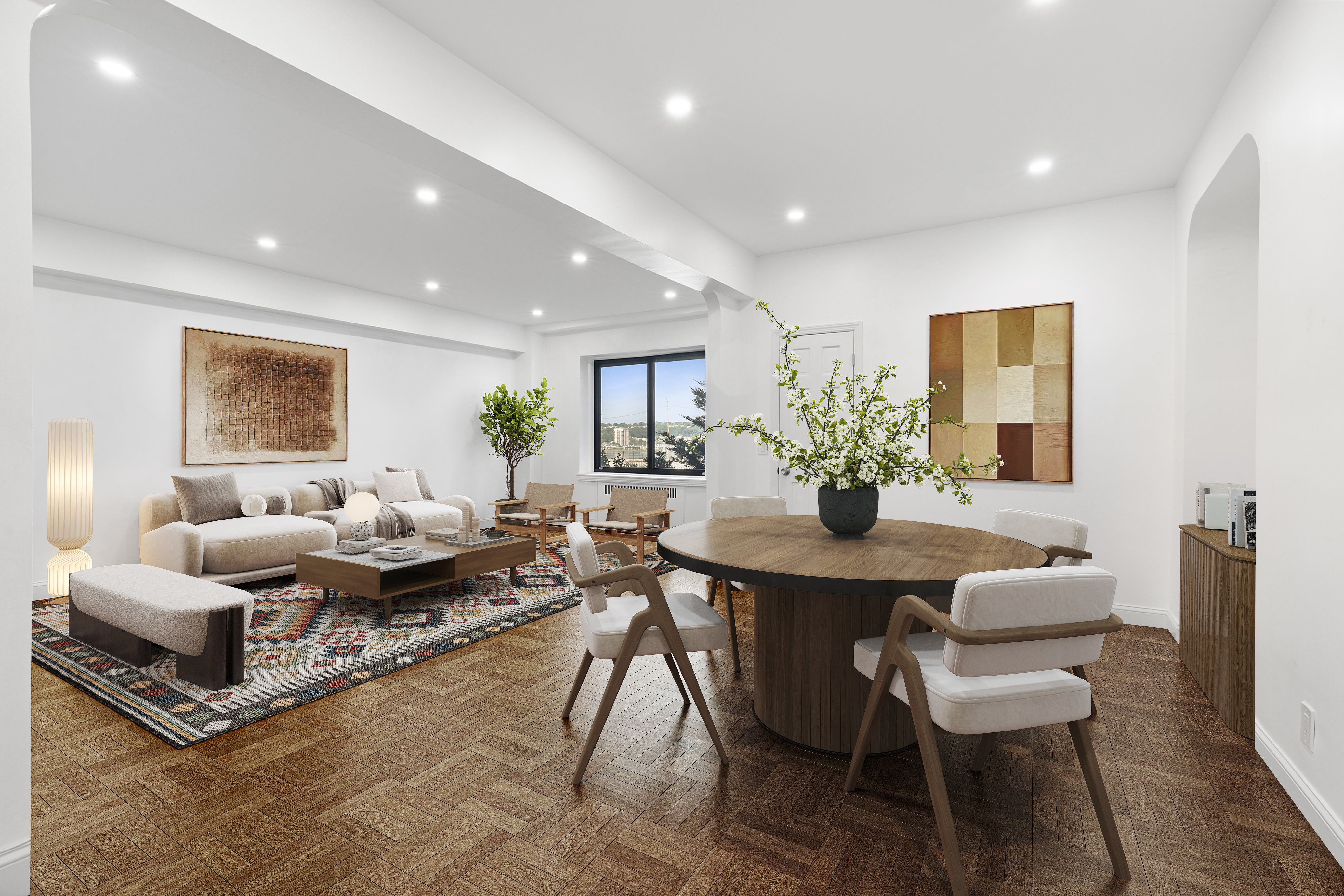 a living room with furniture and wooden floor
