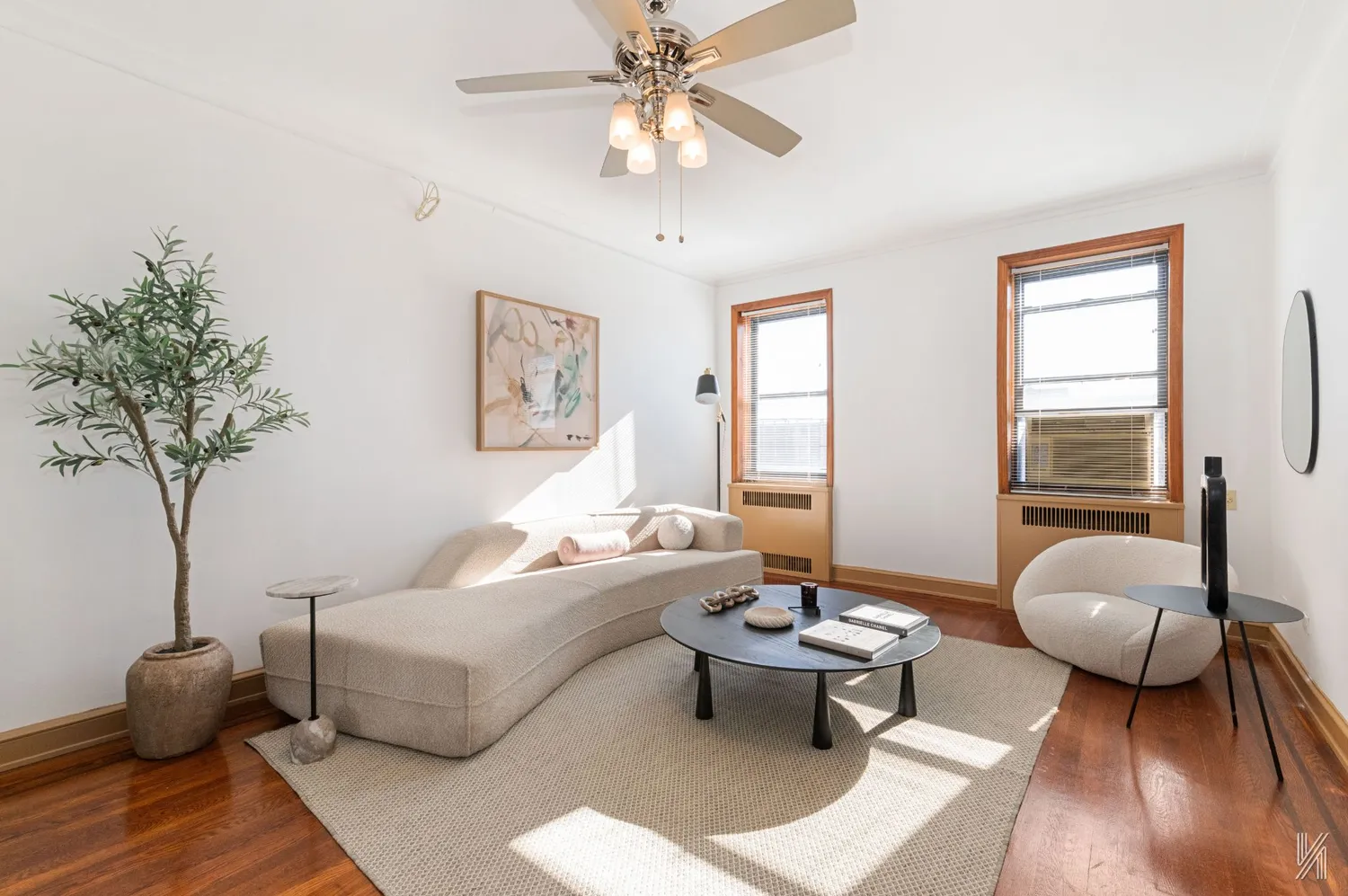 a living room with furniture and a potted plant