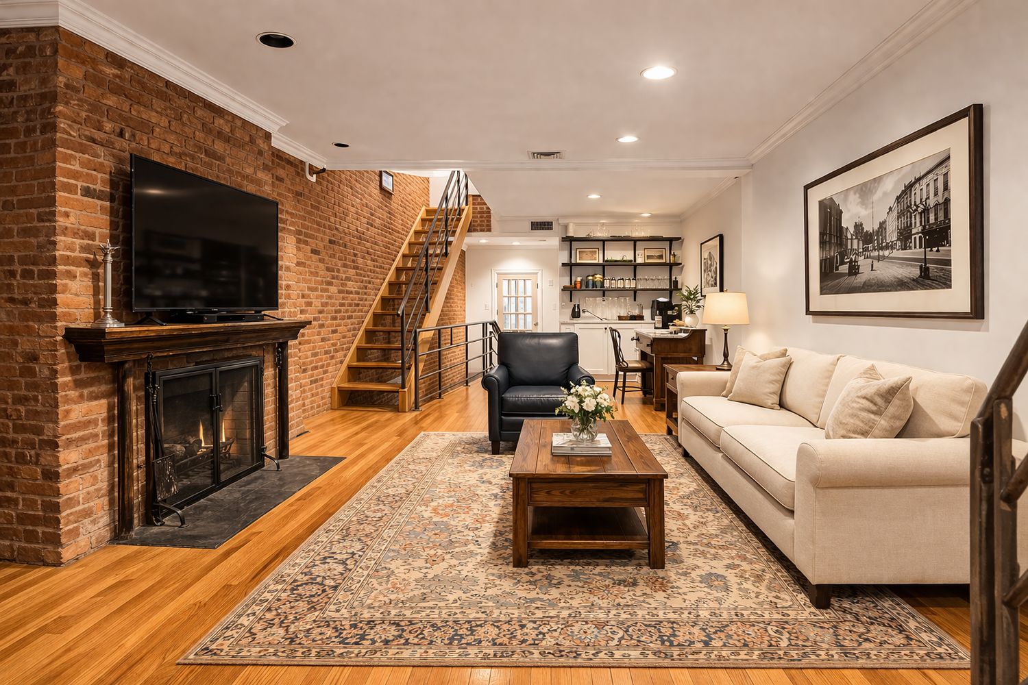 449 1/2 Hudson Street Manhattan, NY 10014 - Photo 3 of 19 a living room with furniture a flat screen tv and a fireplace