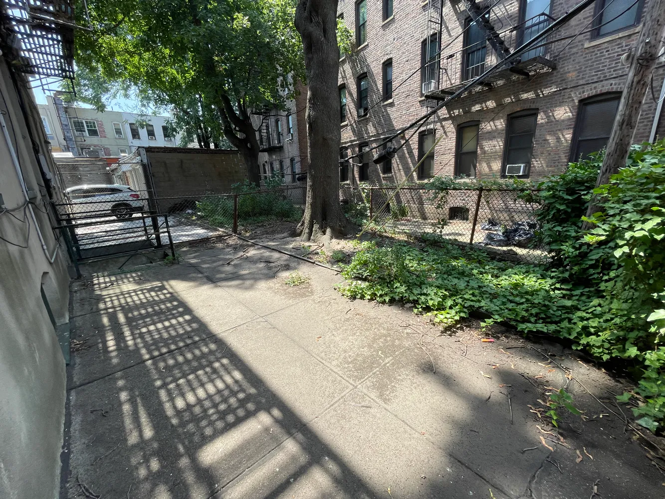 a view of a patio with table and chairs and potted plants