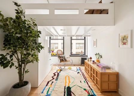 a living room with furniture and a potted plant