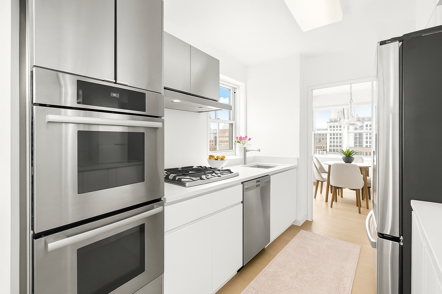 20 East 9th Street, Unit 18E Manhattan, NY 10003 - Photo 15 of 40 a kitchen with stainless steel appliances a stove a sink and a refrigerator