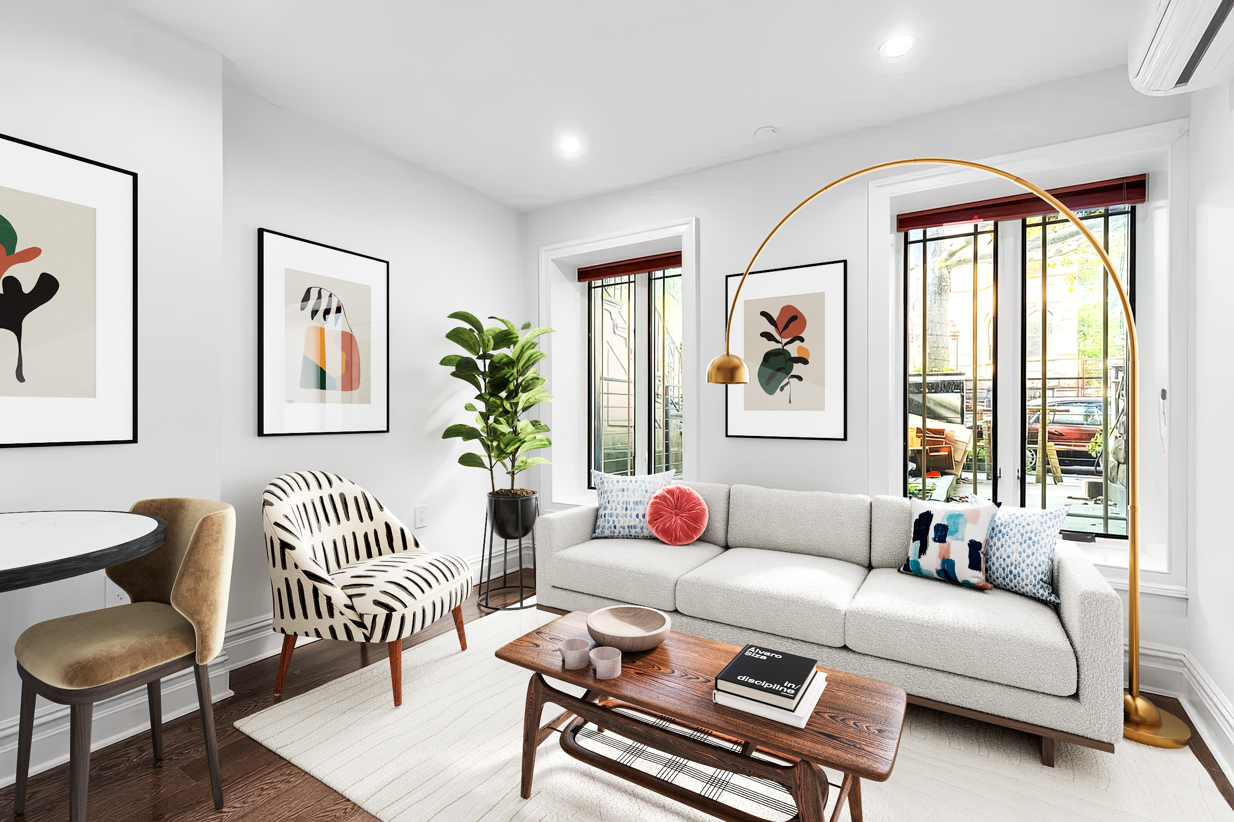 a living room with furniture and a large window