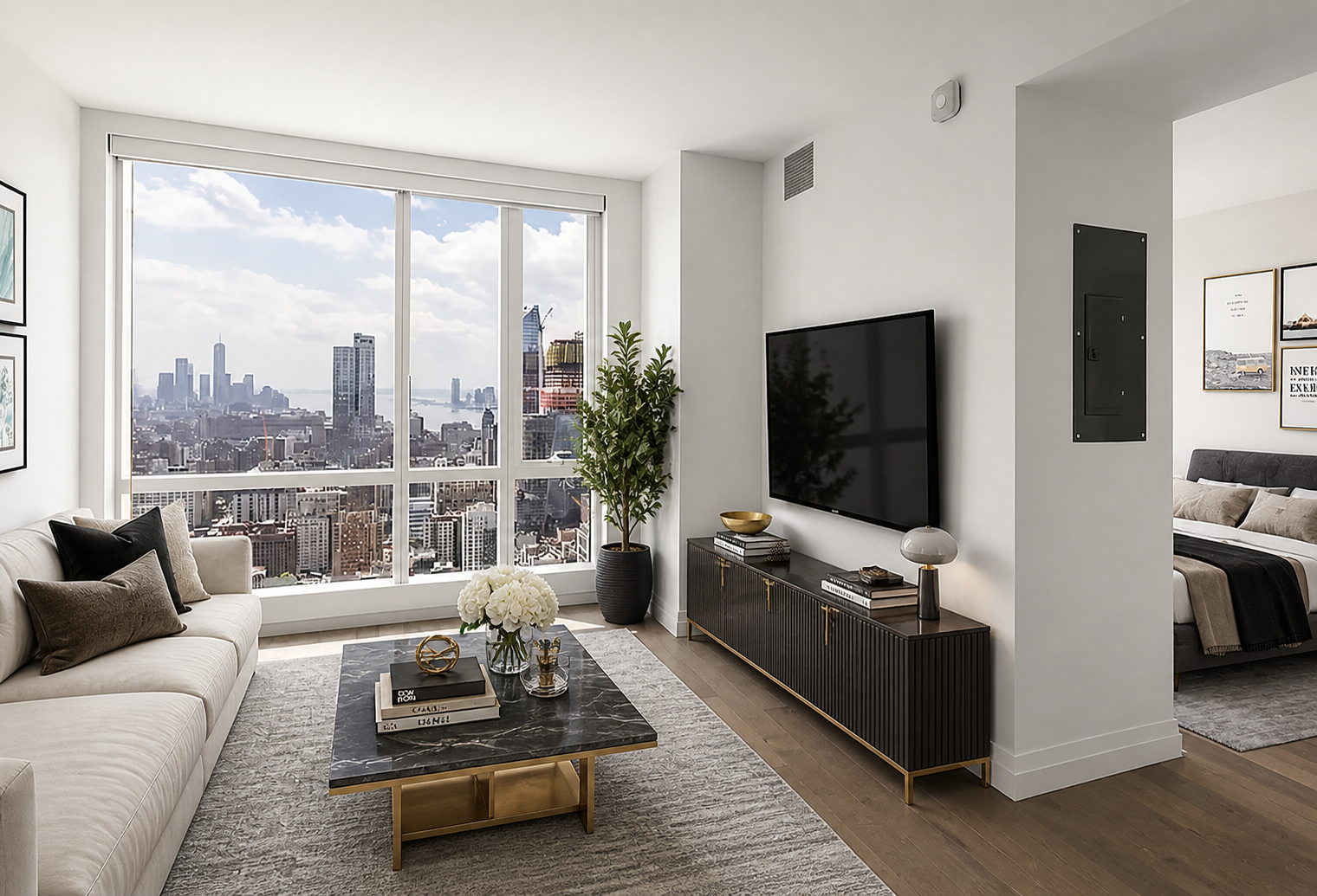 460 West 42nd Street, Unit 51H Manhattan, NY 10036 - Photo 1 of 14 a living room with furniture and a flat screen tv