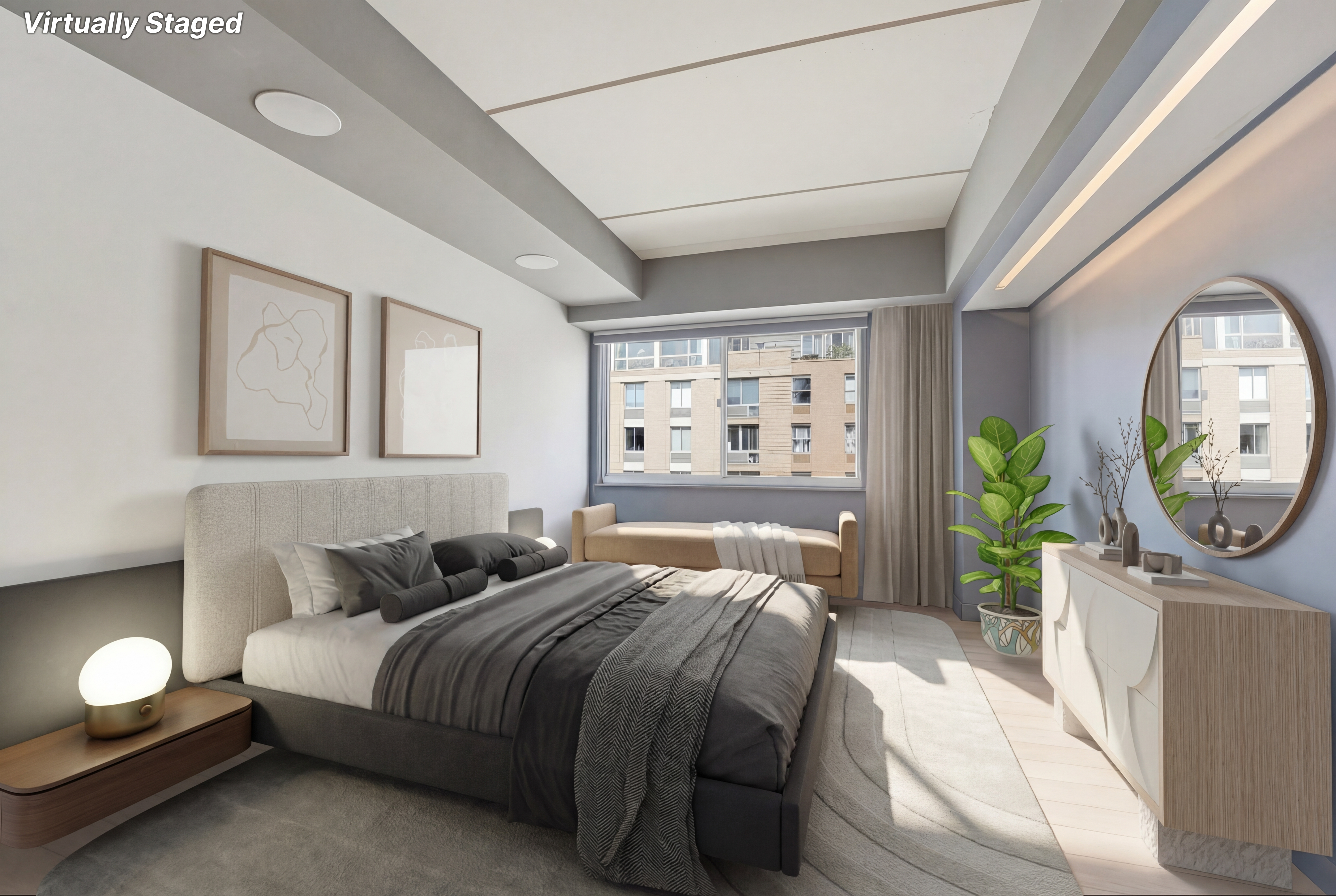 300 West 145th Street, Unit 6G Manhattan, NY 10039 - Photo 4 of 19 a bedroom with a bed a mirror on dresser and a window