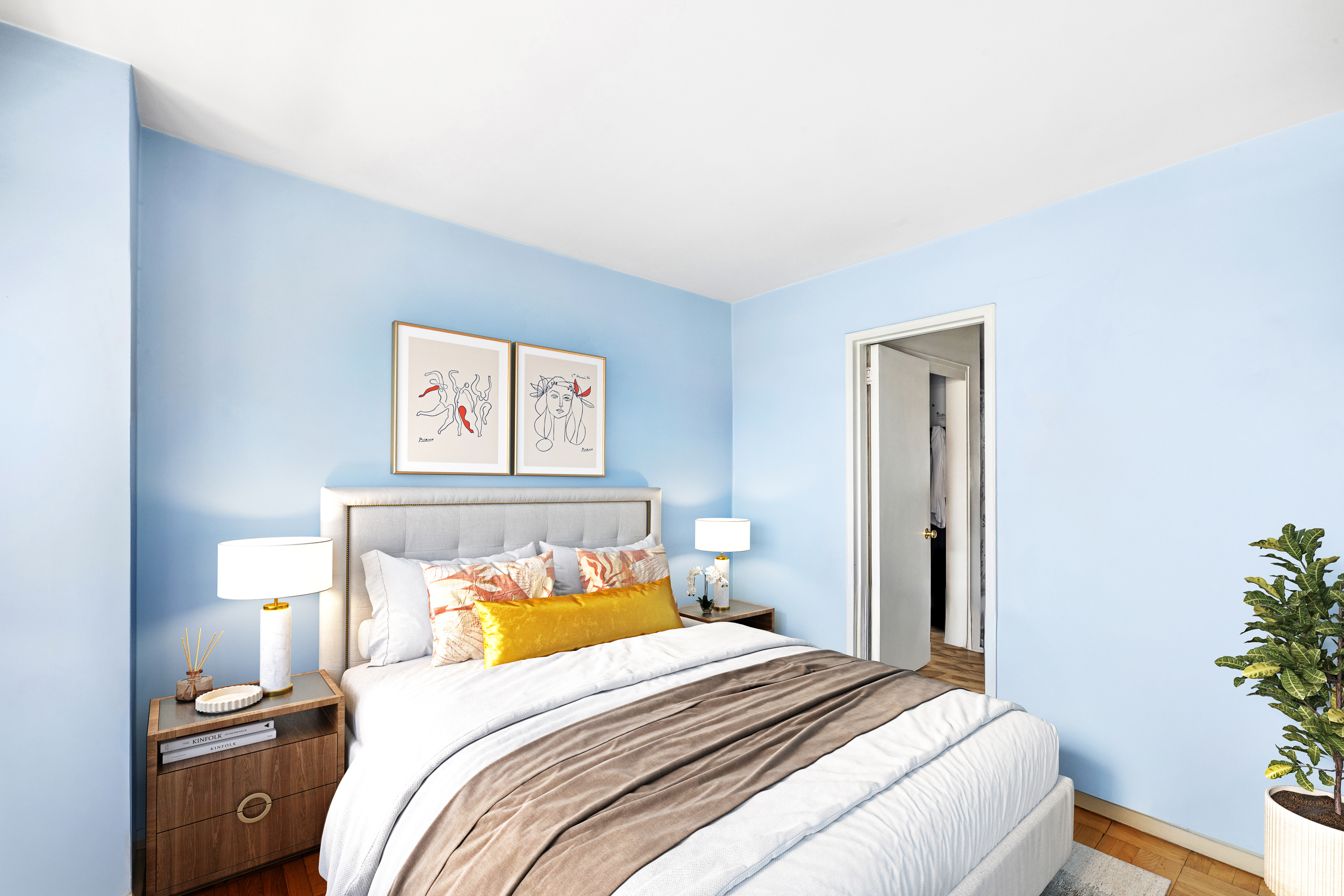 166 East 61st Street, Unit 8H Manhattan, NY 10065 - Photo 3 of 9 a bedroom with a bed and a painting on the wall