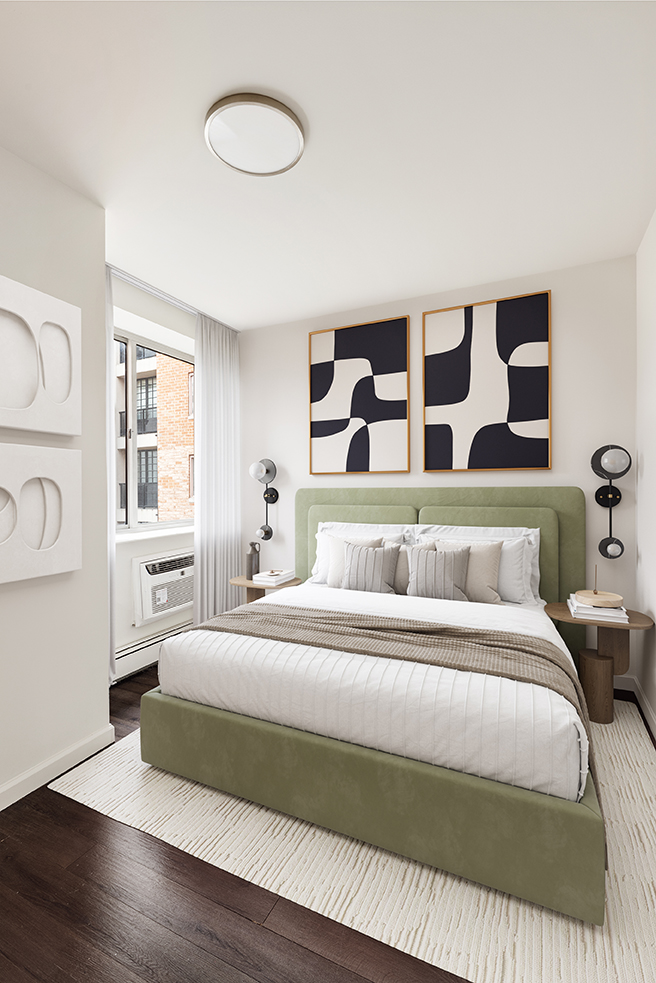 194 East 2nd Street, Unit 2C Manhattan, NY 10009 - Photo 5 of 17 a bedroom with a large bed and a black white checkered floor