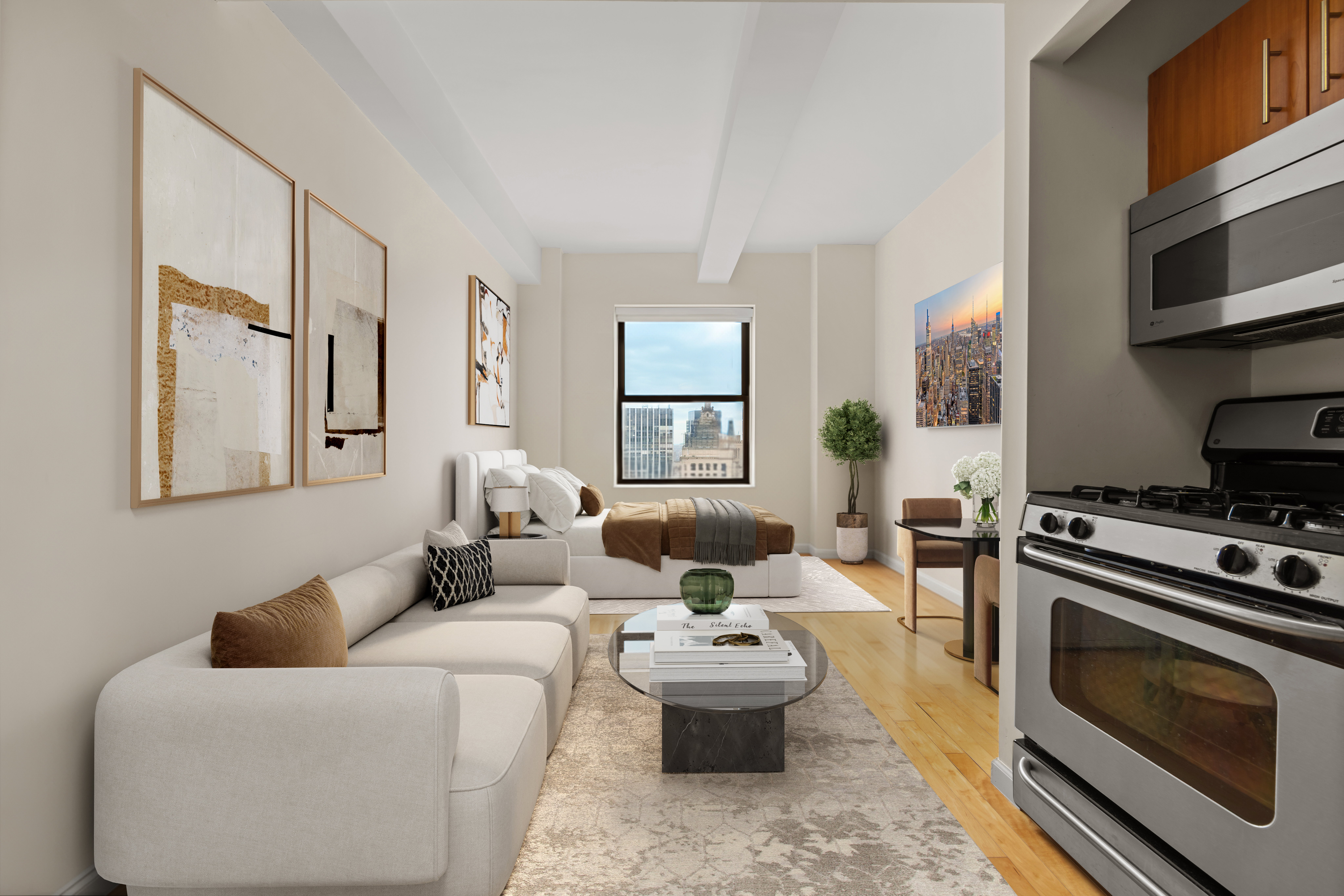 20 West Street, Unit 41D Manhattan, NY 10004 - Photo 1 of 17 a living room with furniture a flat screen tv and a fireplace