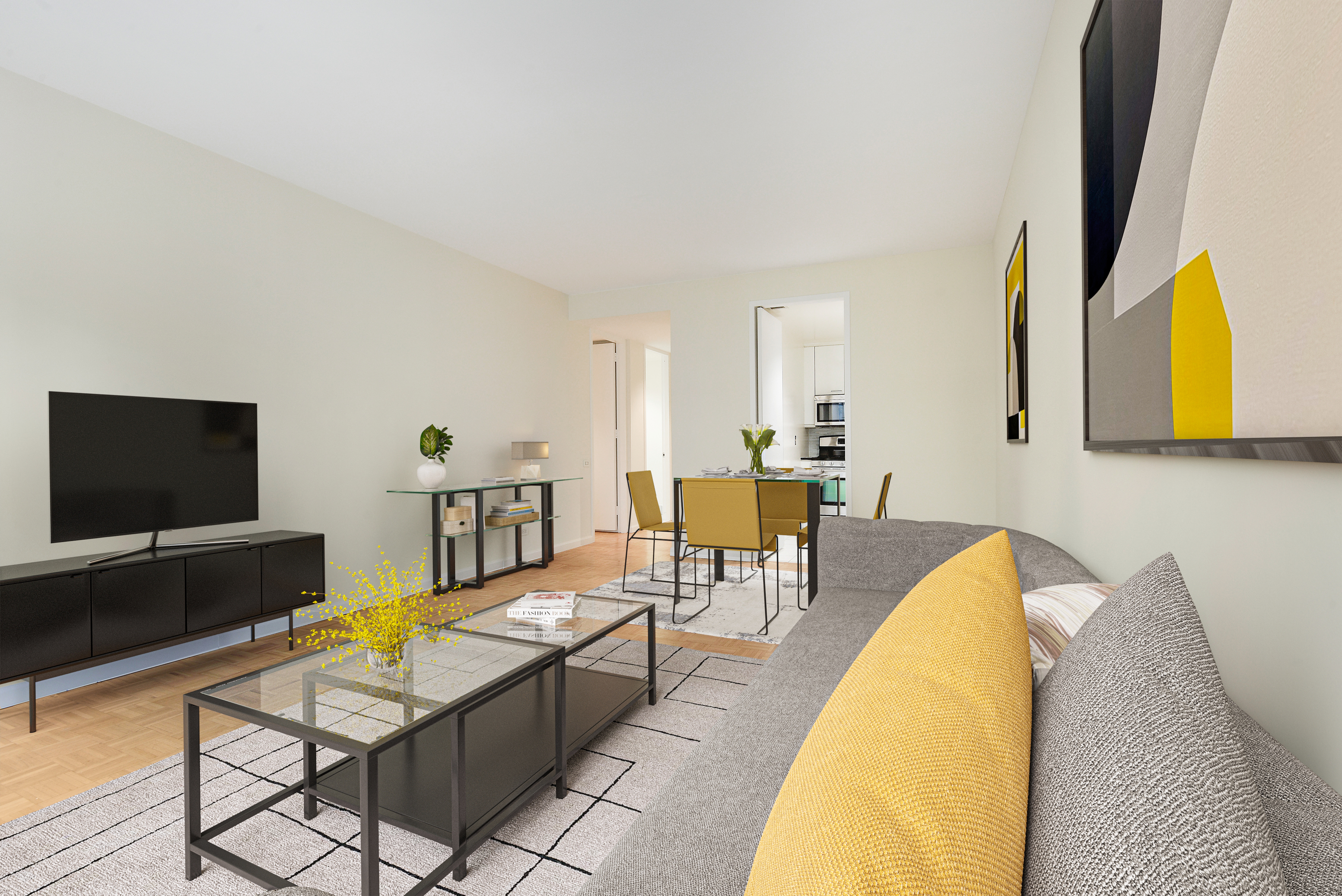 146 West 57th Street, Unit 38E Manhattan, NY 10019 - Photo 2 of 16 a living room with furniture and a flat screen tv