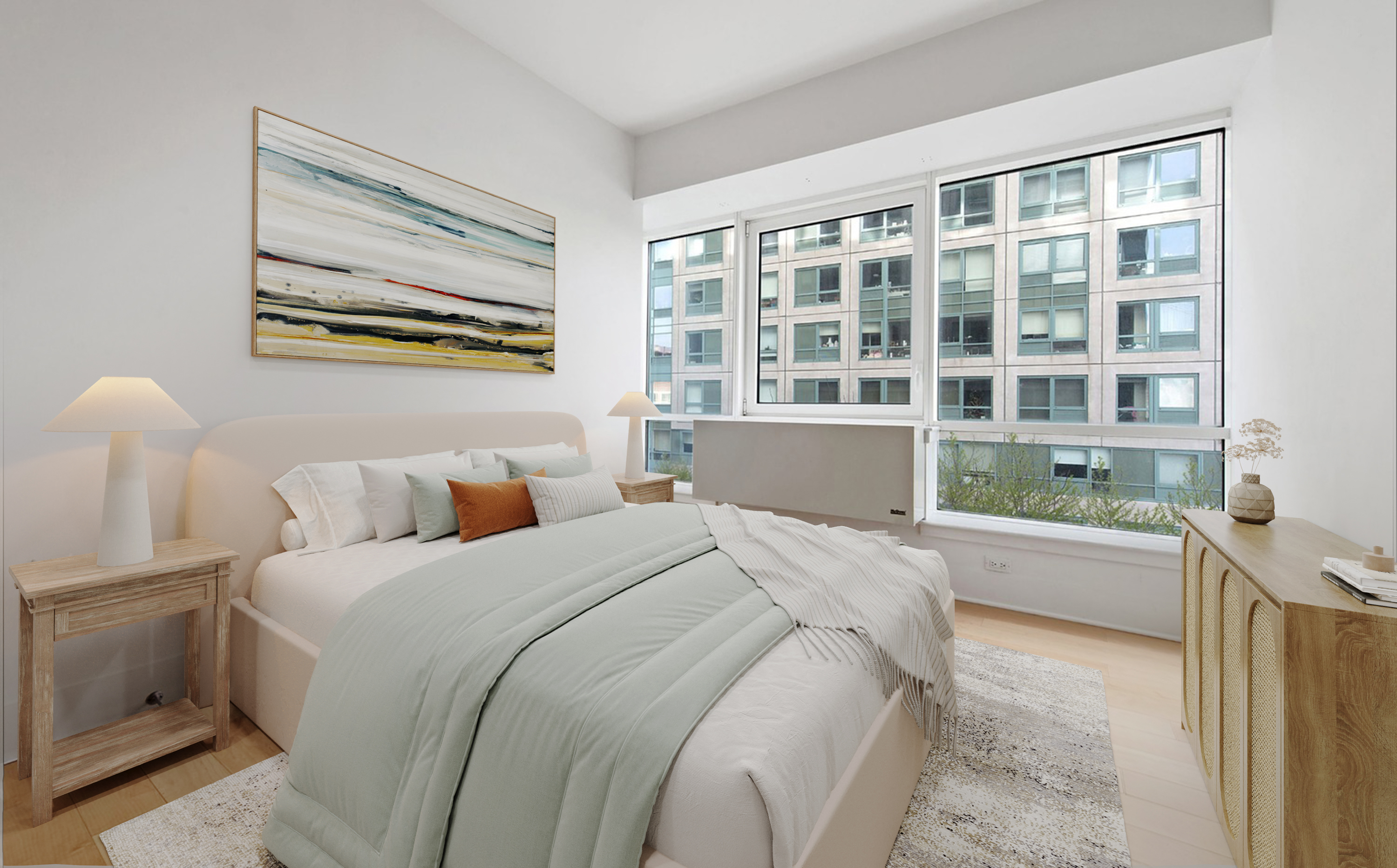 440 Kent Avenue, Unit 4A Brooklyn, NY 11249 - Photo 5 of 11 a bedroom with a bed and a large window