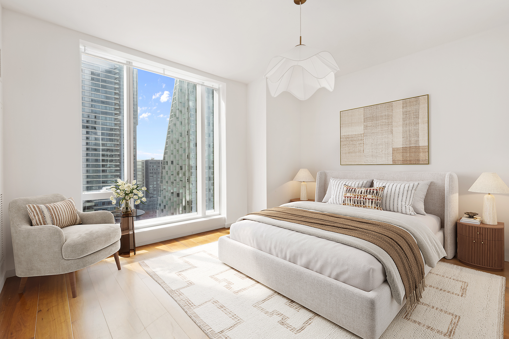 1 West End Avenue, Unit 14G Manhattan, NY 10023 - Photo 4 of 27 a spacious bedroom with a bed and glass window