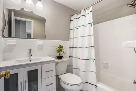 a bathroom with a sink a toilet and shower curtain