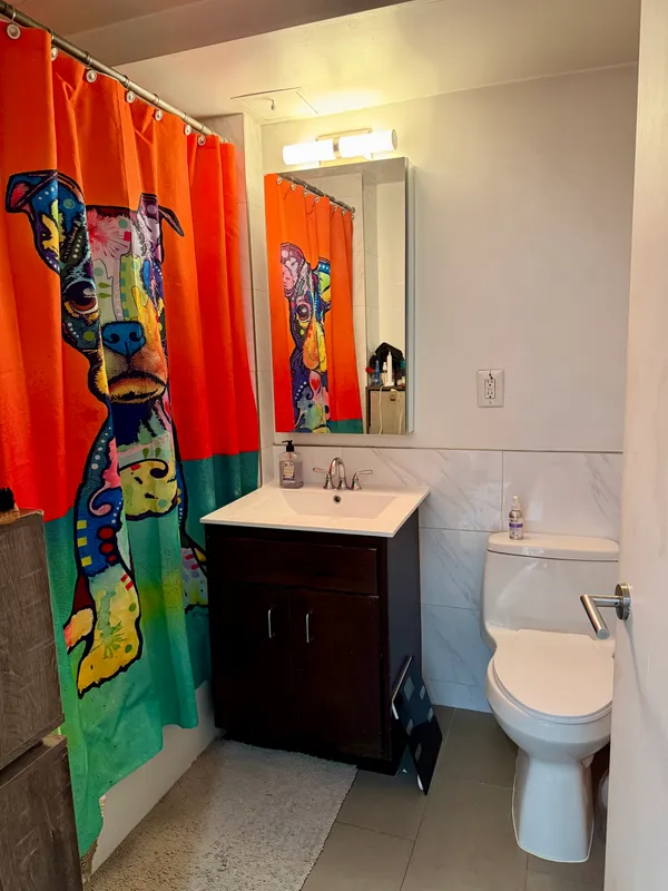 a bathroom with a sink vanity mirror and toilet
