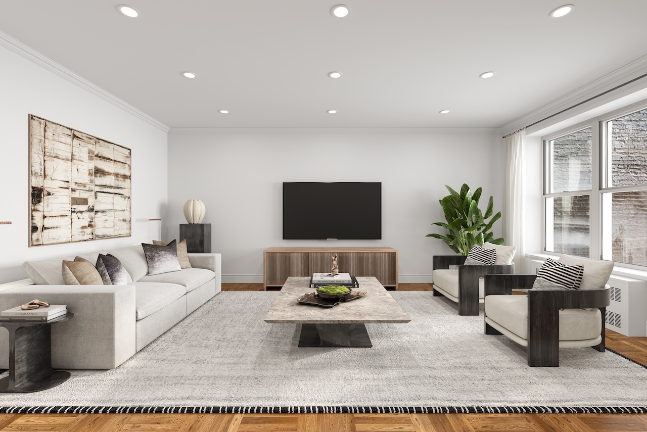 302 East 88th Street, Unit 2G Manhattan, NY 10128 - Photo 4 of 16 a living room with furniture a flat screen tv and a large window