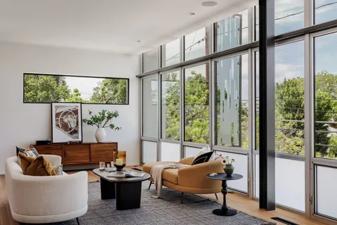 a living room with furniture and a potted plant