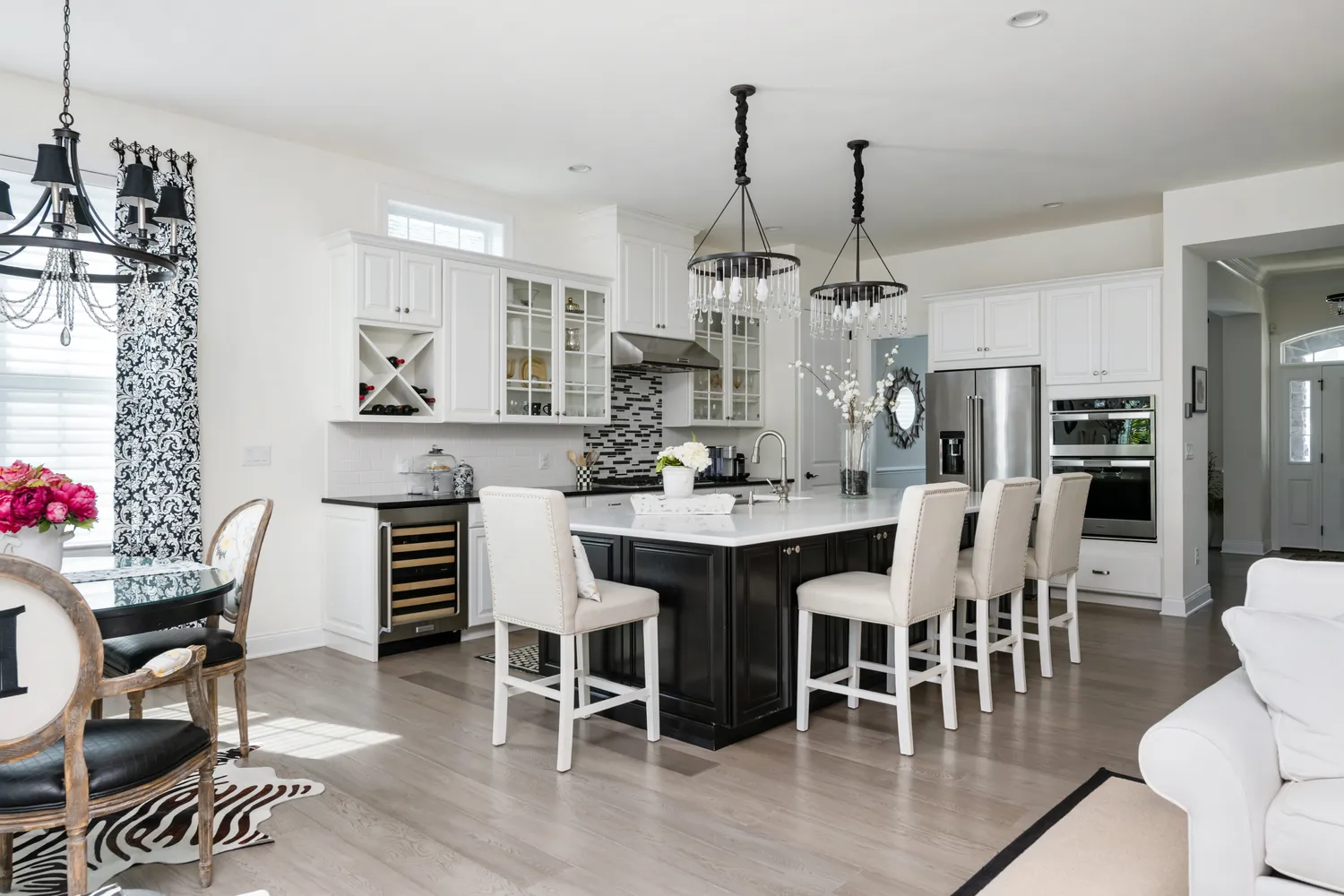 a view of a dining room with furniture