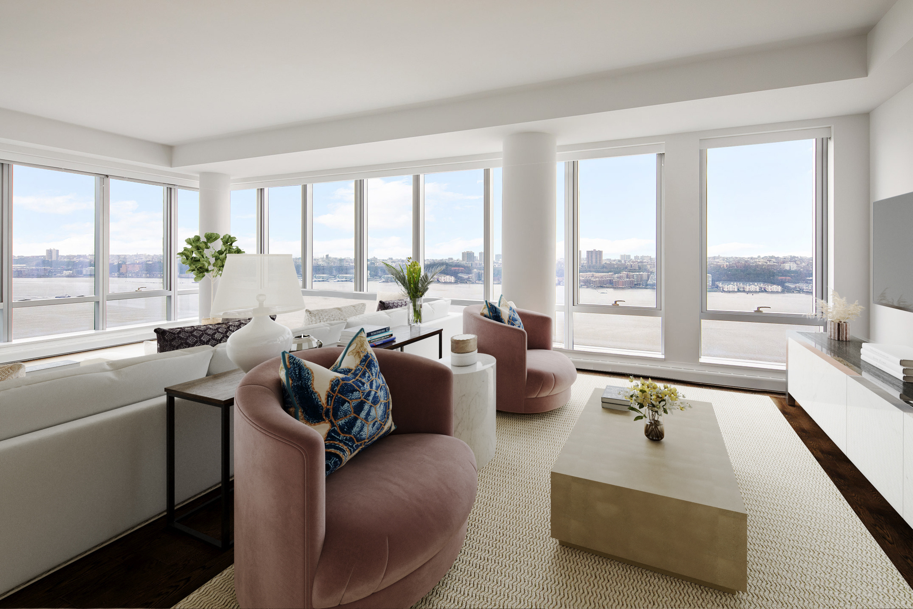 50 Riverside Boulevard, Unit 30B Manhattan, NY 10069 - Photo 2 of 14 a living room with furniture and a large window with balcony view