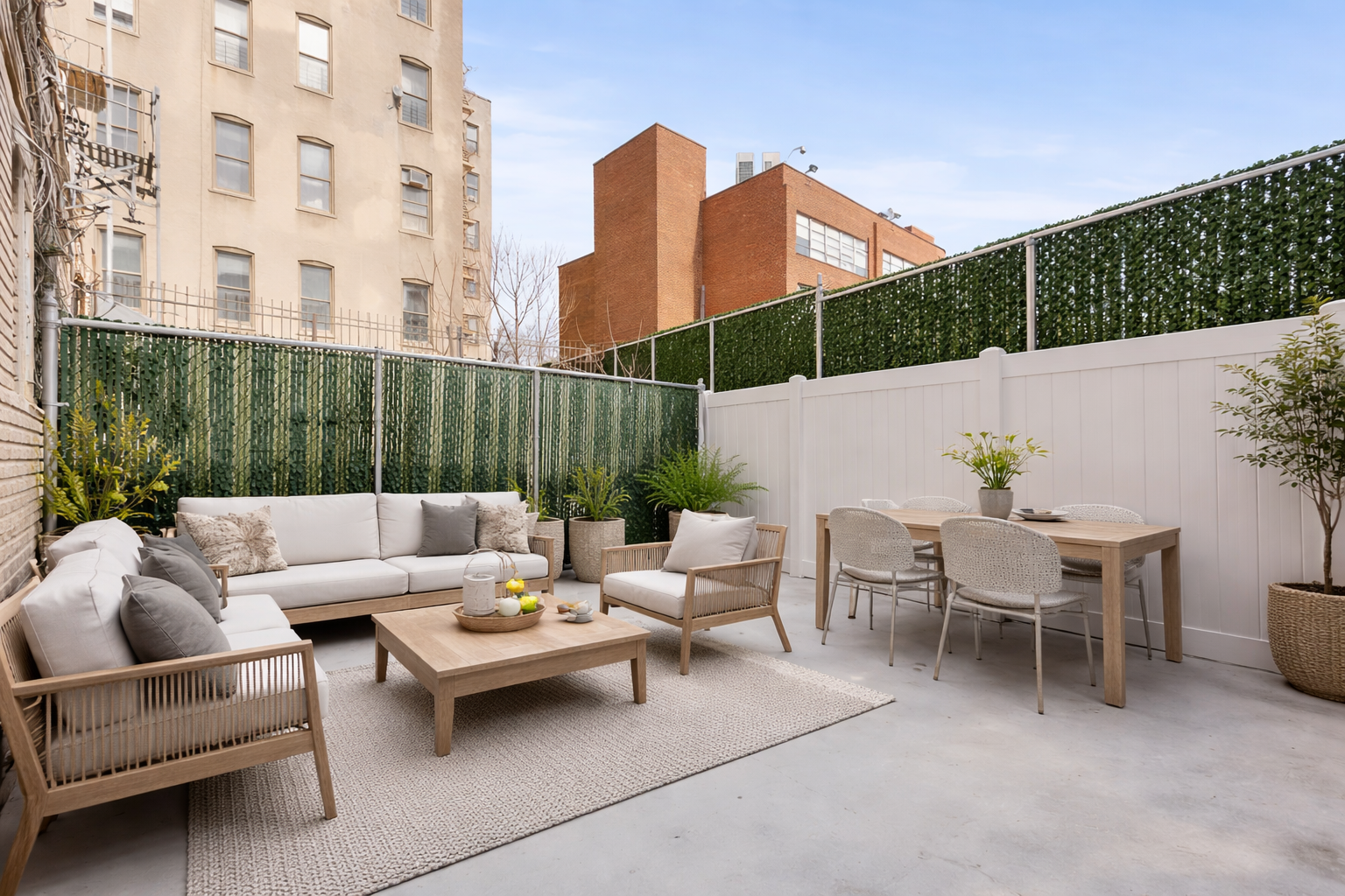 a building outdoor space with patio furniture