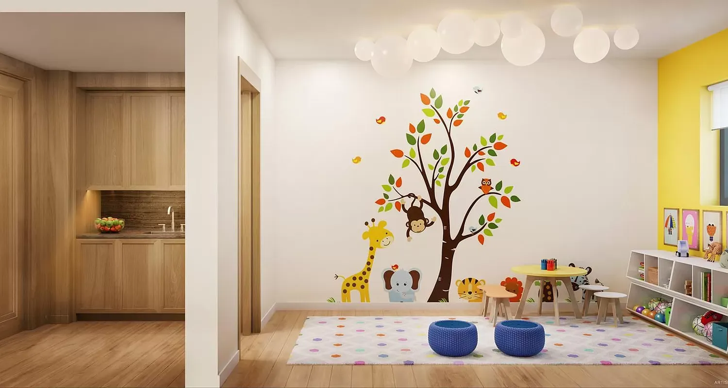 a room with gym equipment and large windows