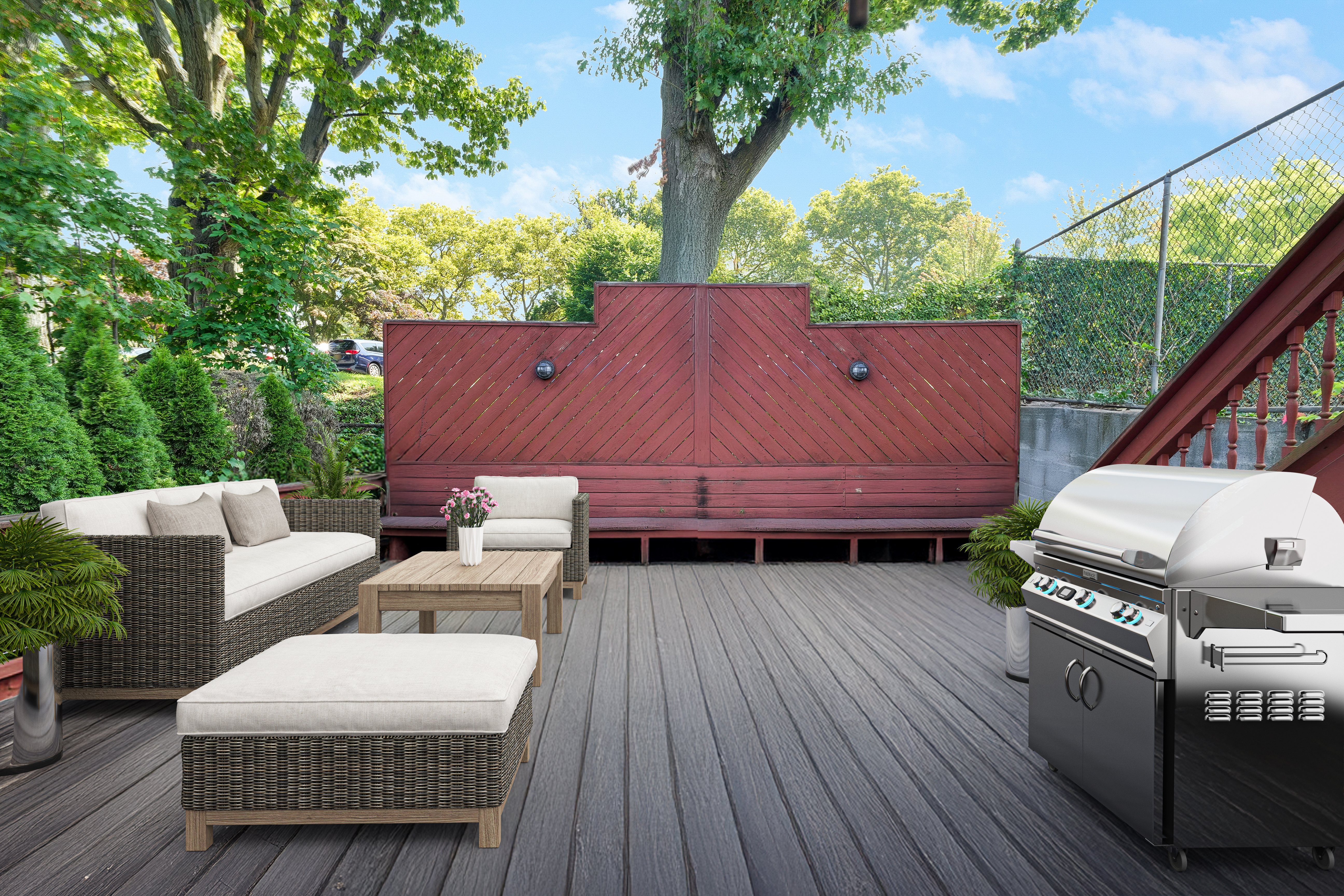 233 Battery Avenue Brooklyn, NY 11209 - Photo 13 of 17 a view of a deck with couches table and chairs with wooden floor and fence