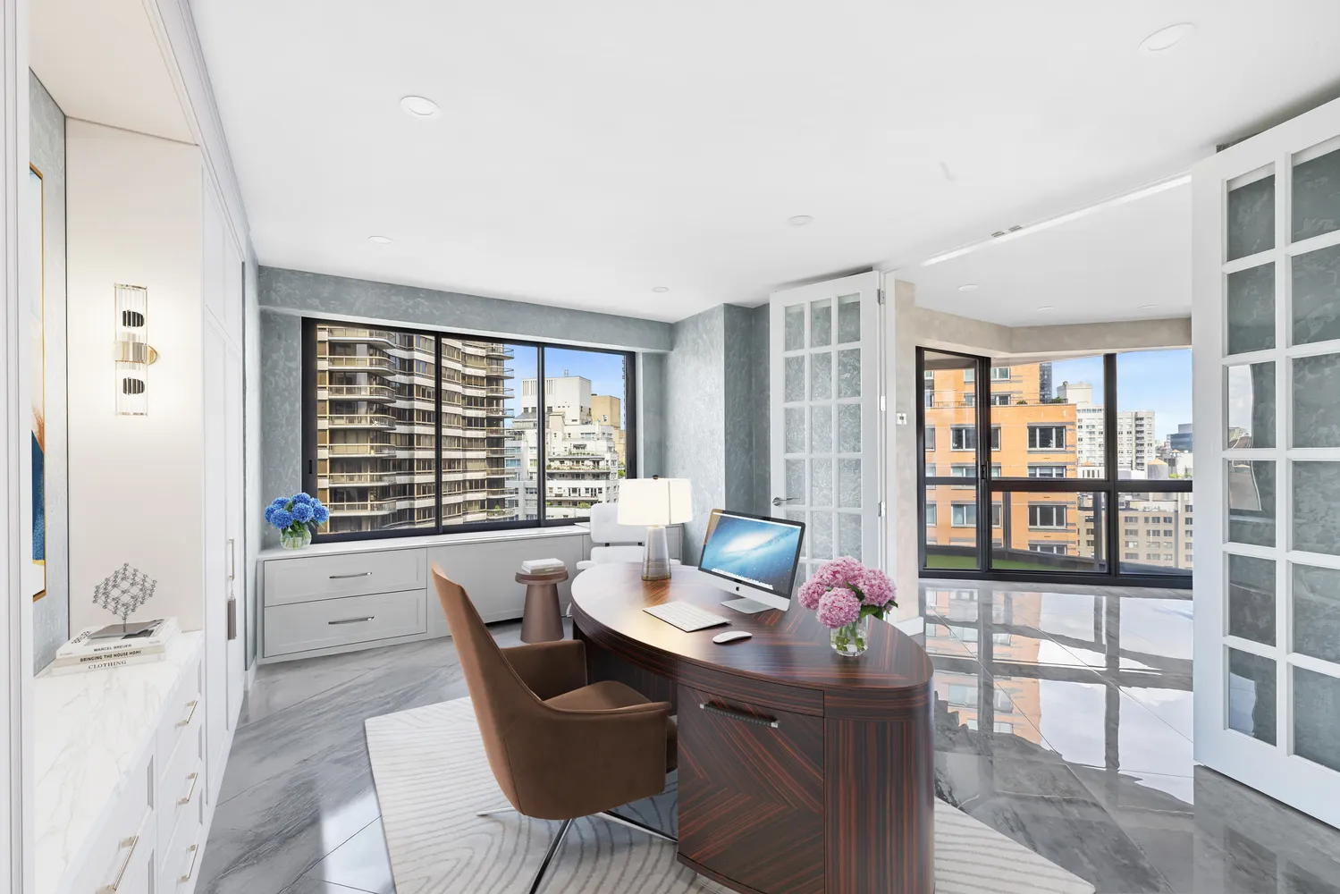 a dining room with furniture and window