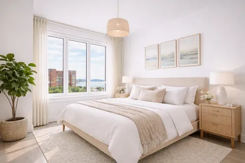 a bedroom with a large bed and a large window