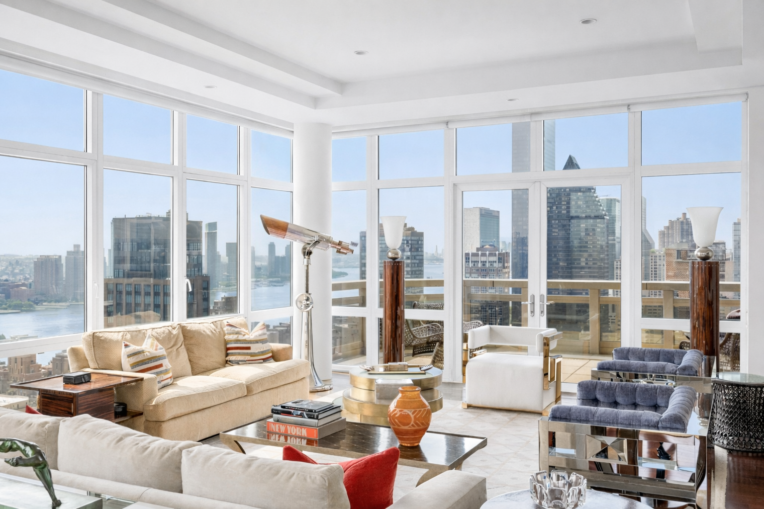 300 East 55th Street, Unit PHC Manhattan, NY 10022 - Photo 2 of 23 a living room with furniture and floor to ceiling windows