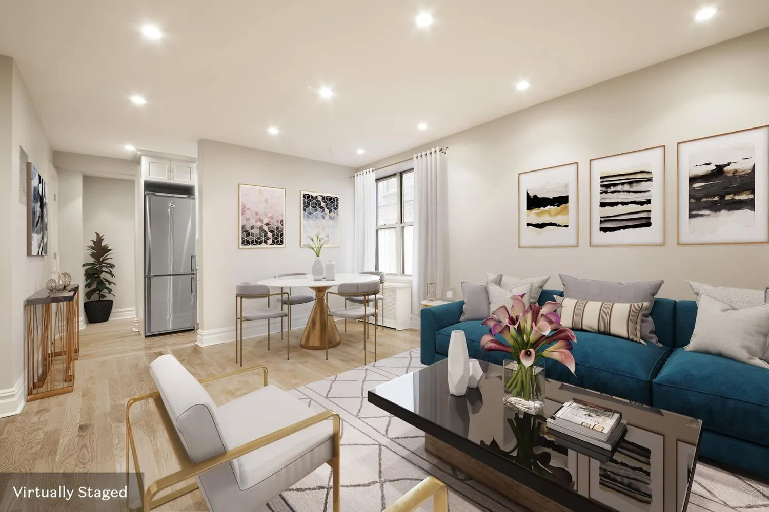 a living room with furniture and wooden floor