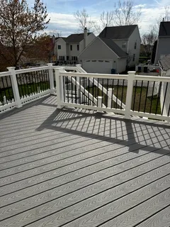 a view of balcony with wooden floor