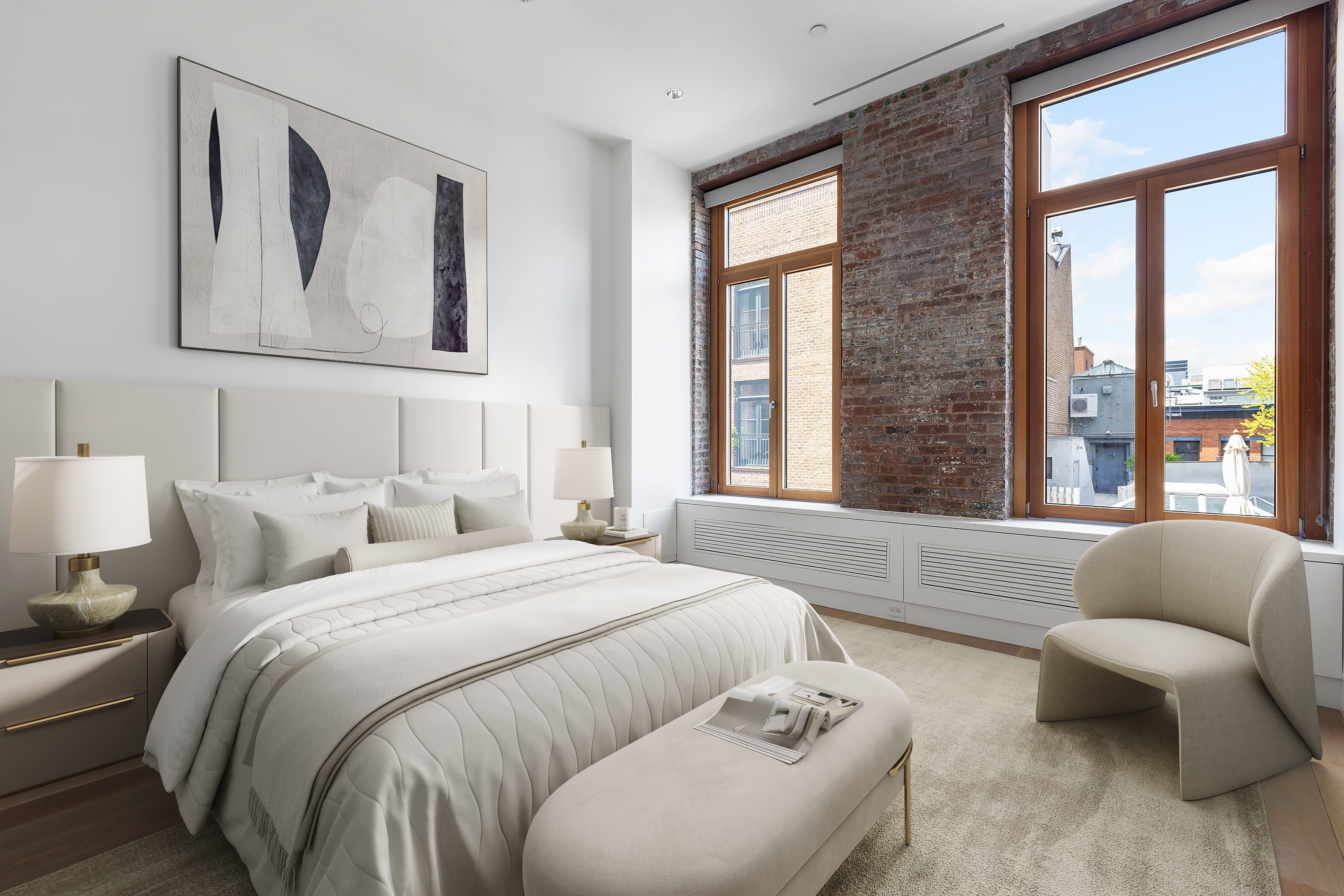 186 Franklin Street, Unit PHA Manhattan, NY 10013 - Photo 6 of 11 a bedroom with bed couch and window