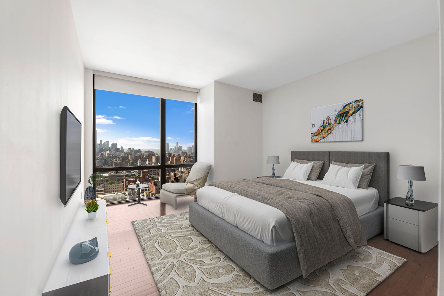 a bedroom with a large bed and a balcony view