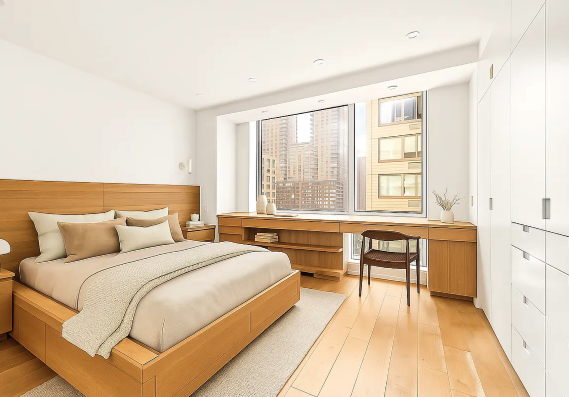 120 Riverside Boulevard, Unit 10W Manhattan, NY 10069 - Photo 5 of 13 a bedroom with a bed and a table lamp