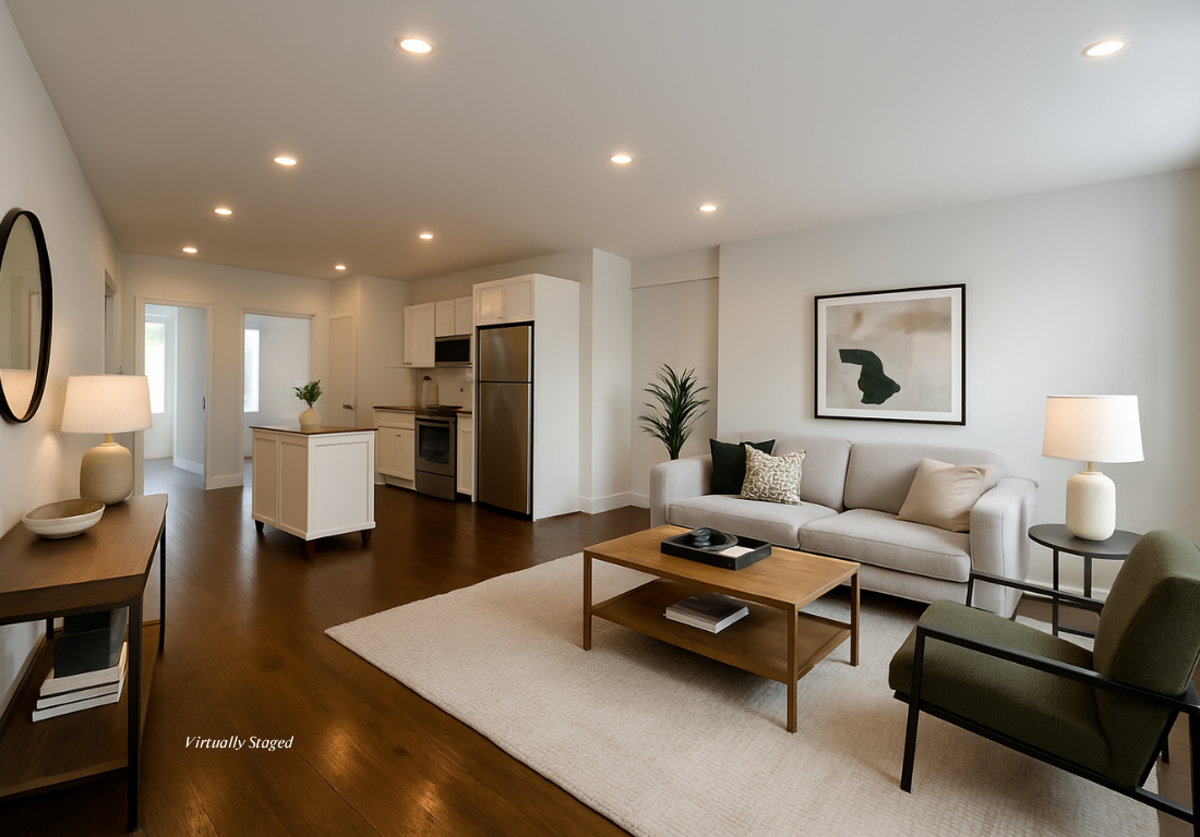 a living room with furniture and a table
