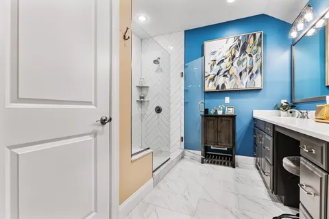 a view of a hallway with a workspace