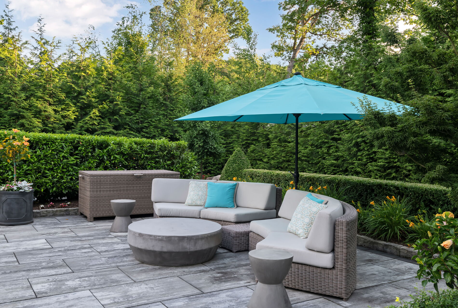 838 Seneca Road Franklin Lakes, NJ 07417 - Photo 70 of 92 a view of patio with couches table and chairs under an umbrella