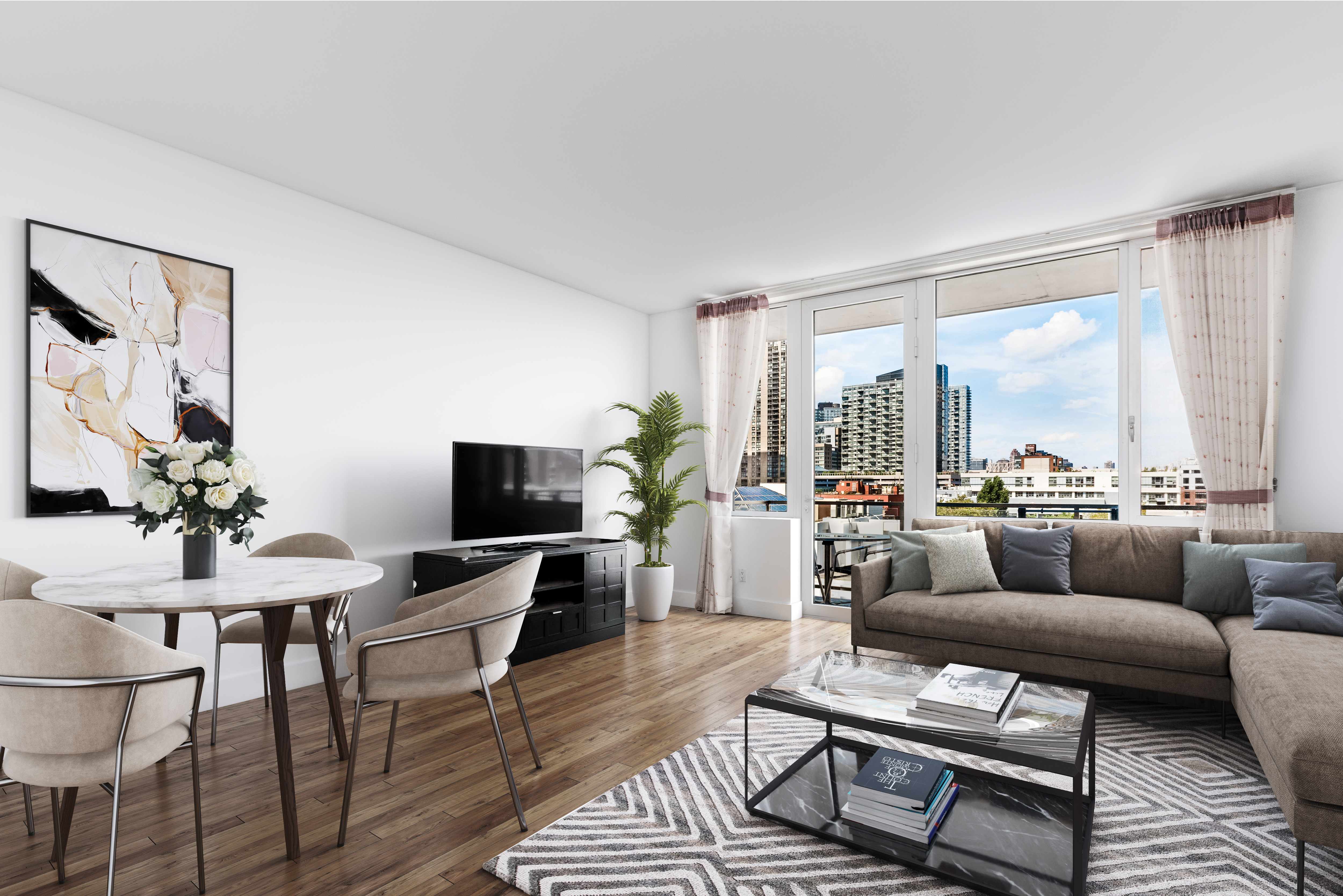 5-19 Borden Avenue, Unit 6C Queens, NY 11101 - Photo 1 of 11 a living room with furniture and a flat screen tv