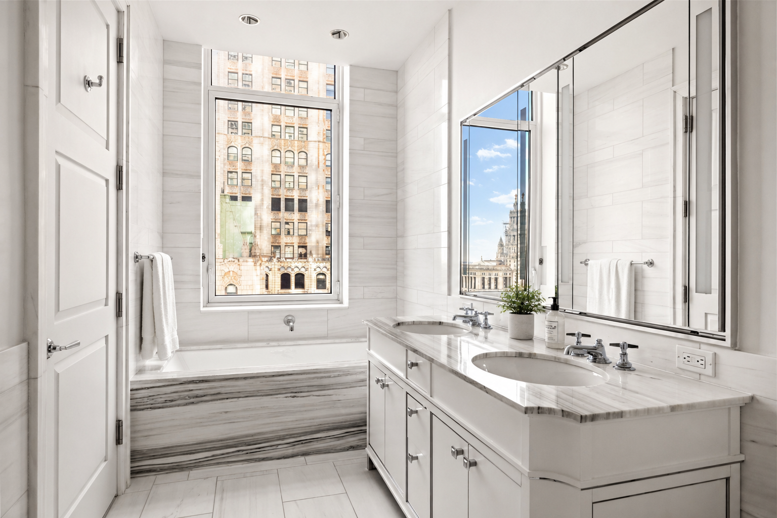 30 Park Place, Unit 43B Manhattan, NY 10007 - Photo 5 of 16 a bathroom with a granite countertop sink and a large mirror