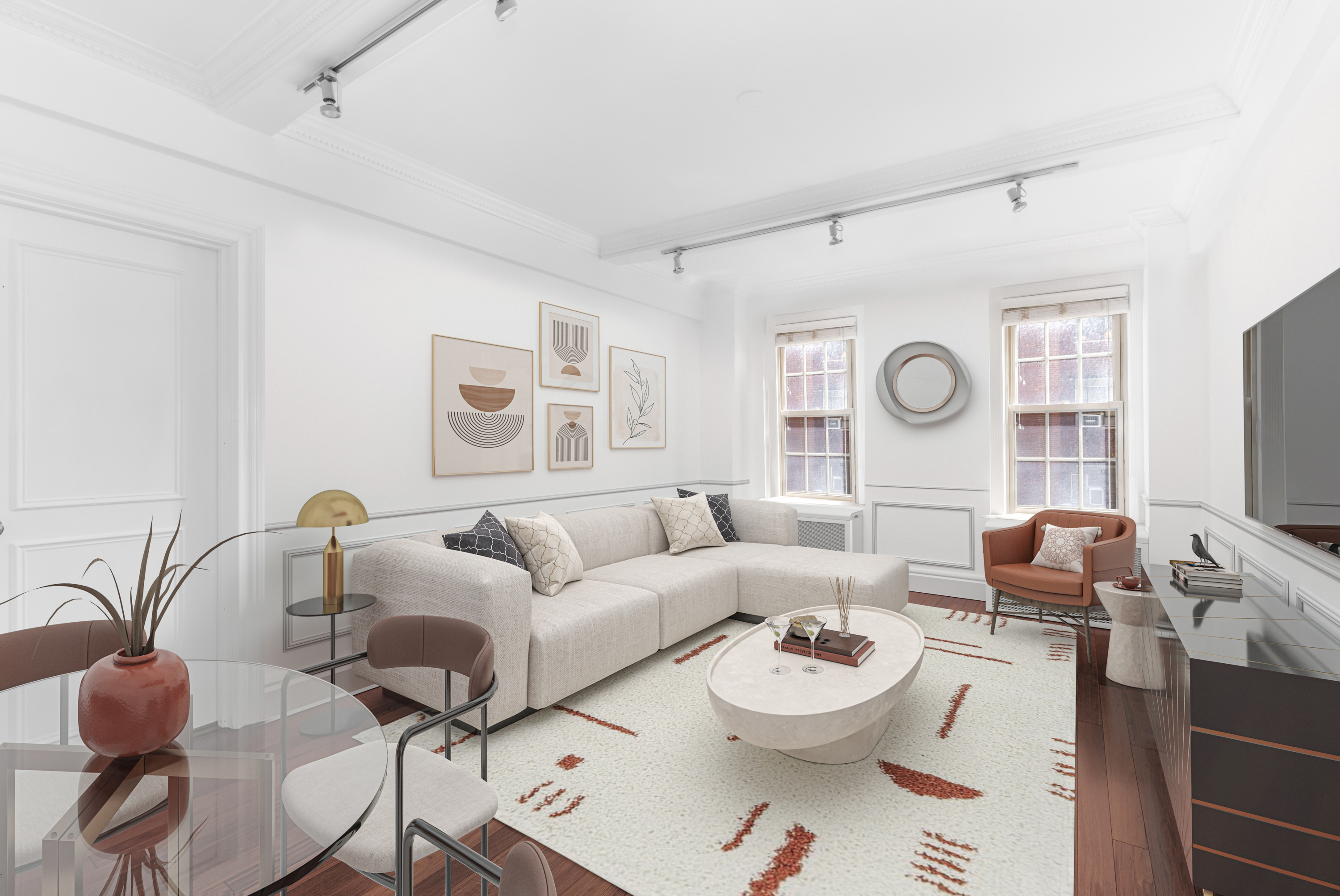 24 5th Avenue, Unit 609 Manhattan, NY 10011 - Photo 1 of 9 a living room with furniture and a flat screen tv