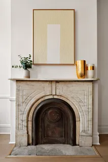 a living room with a fireplace and potted plant