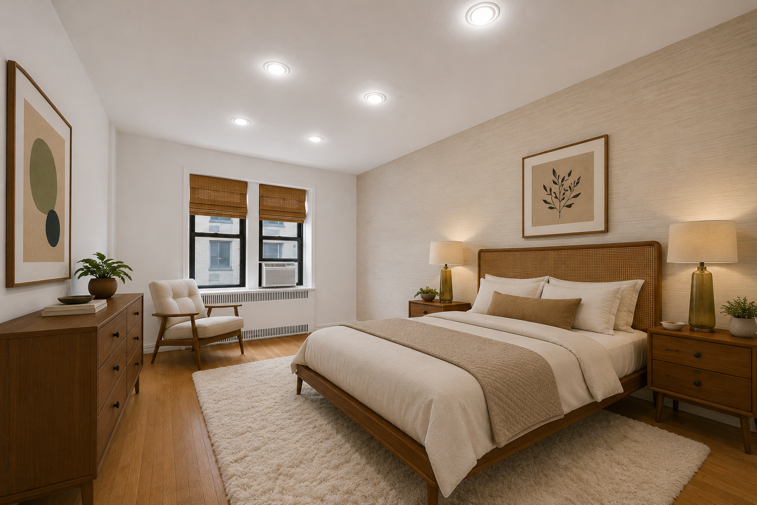 225 West 25th Street, Unit 5K Manhattan, NY 10001 - Photo 8 of 17 a spacious bedroom with a bed a couch and a dresser with wooden floor
