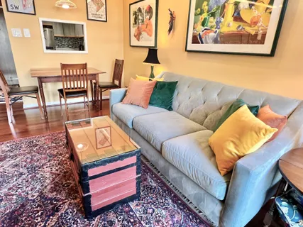 a living room with furniture and a rug