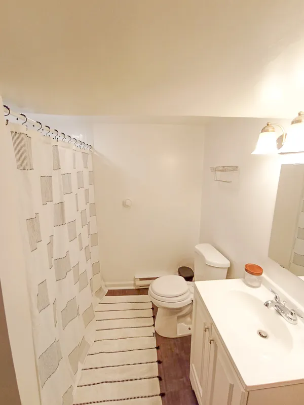 a bathroom with a sink a toilet and shower curtain