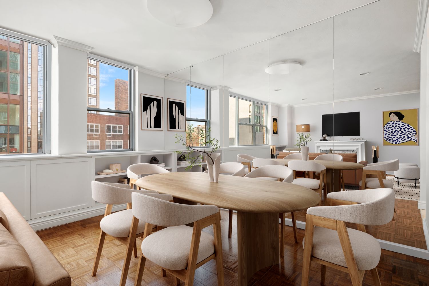 a view of a dining room with furniture