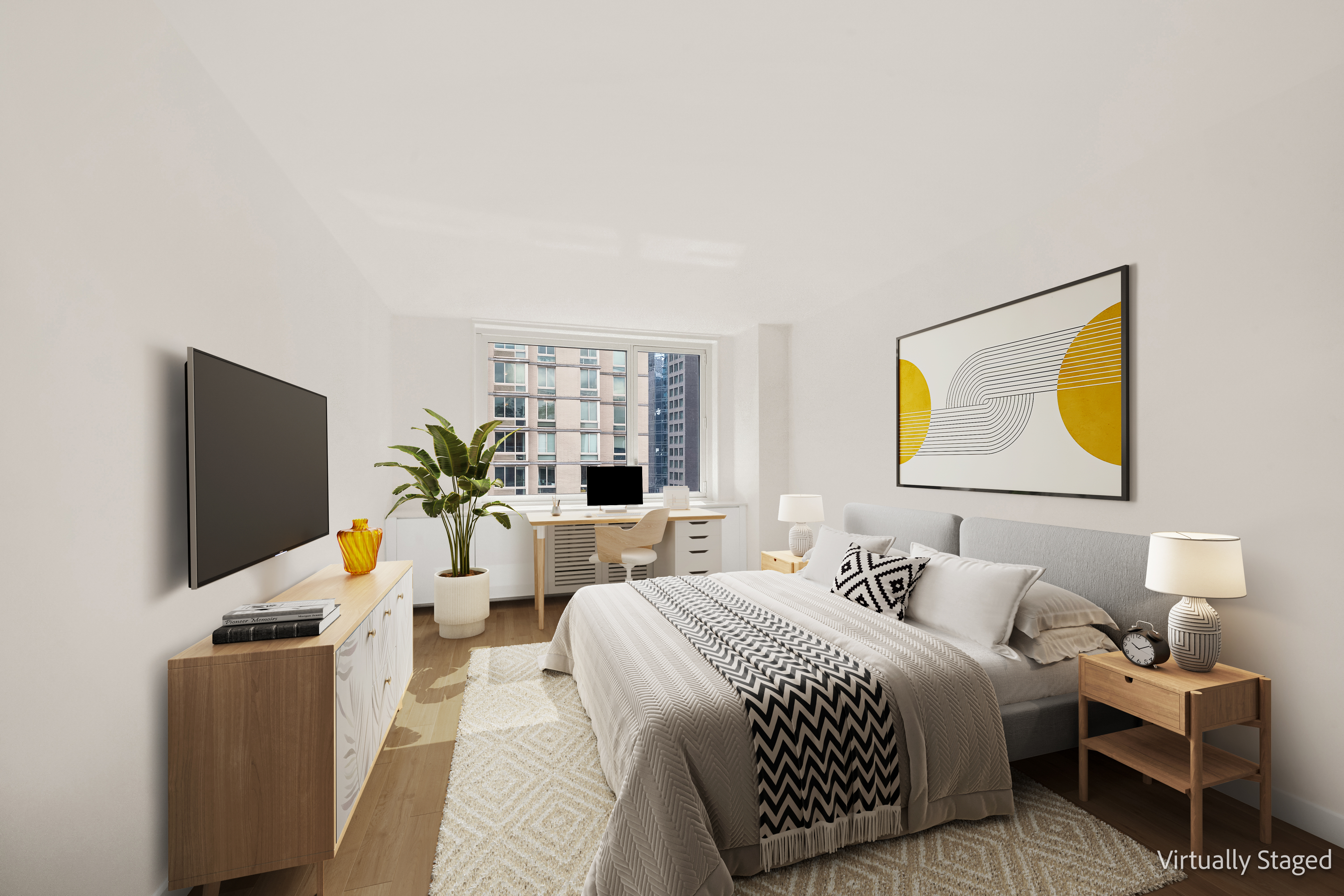 301 West 53rd Street, Unit 24H Manhattan, NY 10019 - Photo 2 of 15 a bedroom with a bed and a flat screen tv