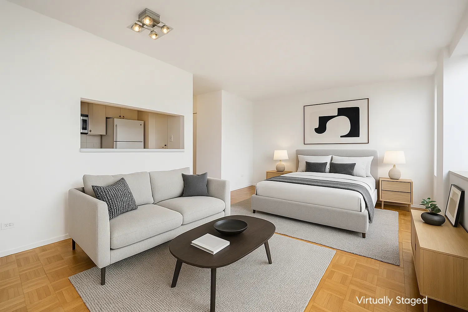 a bedroom with a bed and a couch