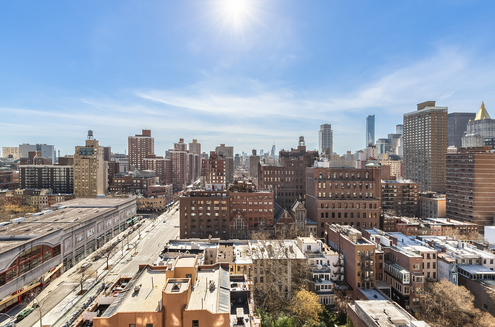 a city view with tall buildings