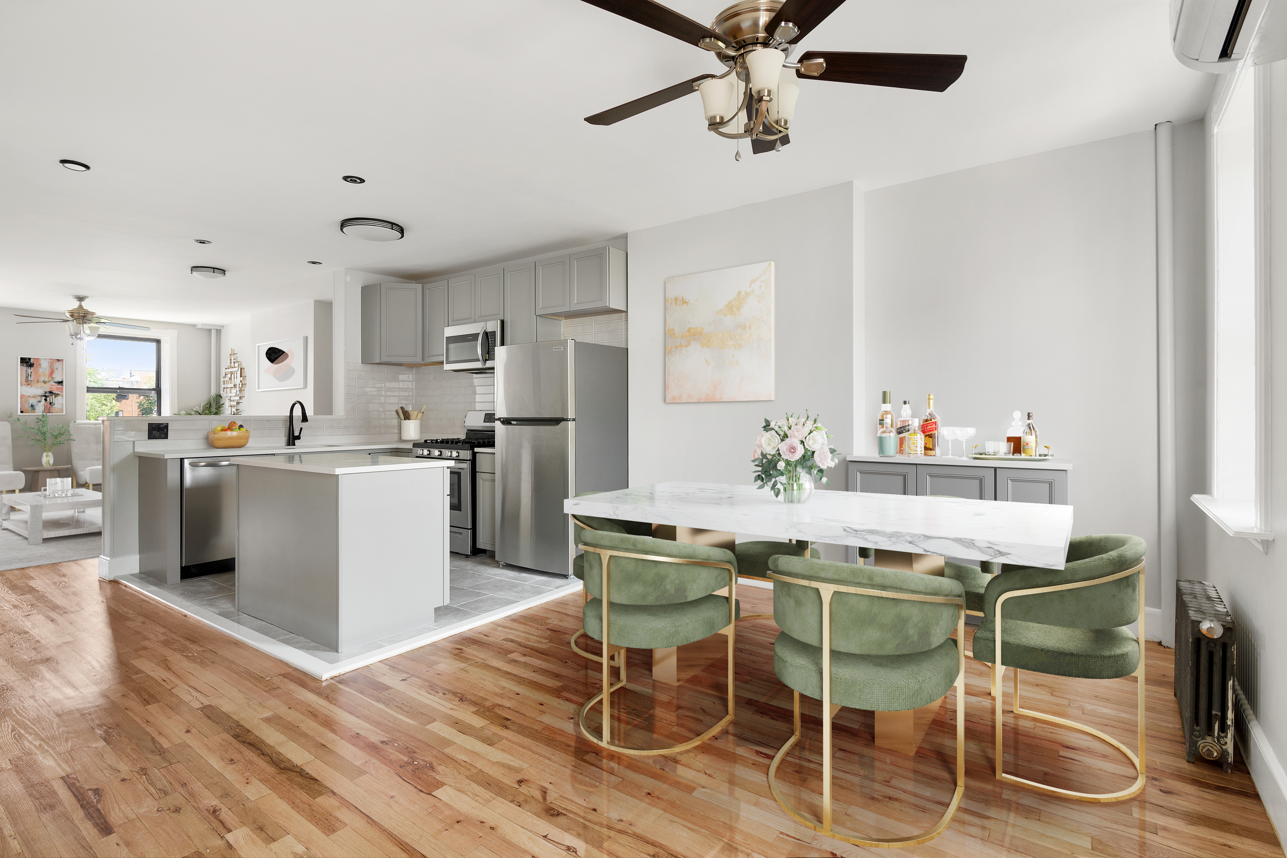 a kitchen with a table chairs refrigerator and cabinets