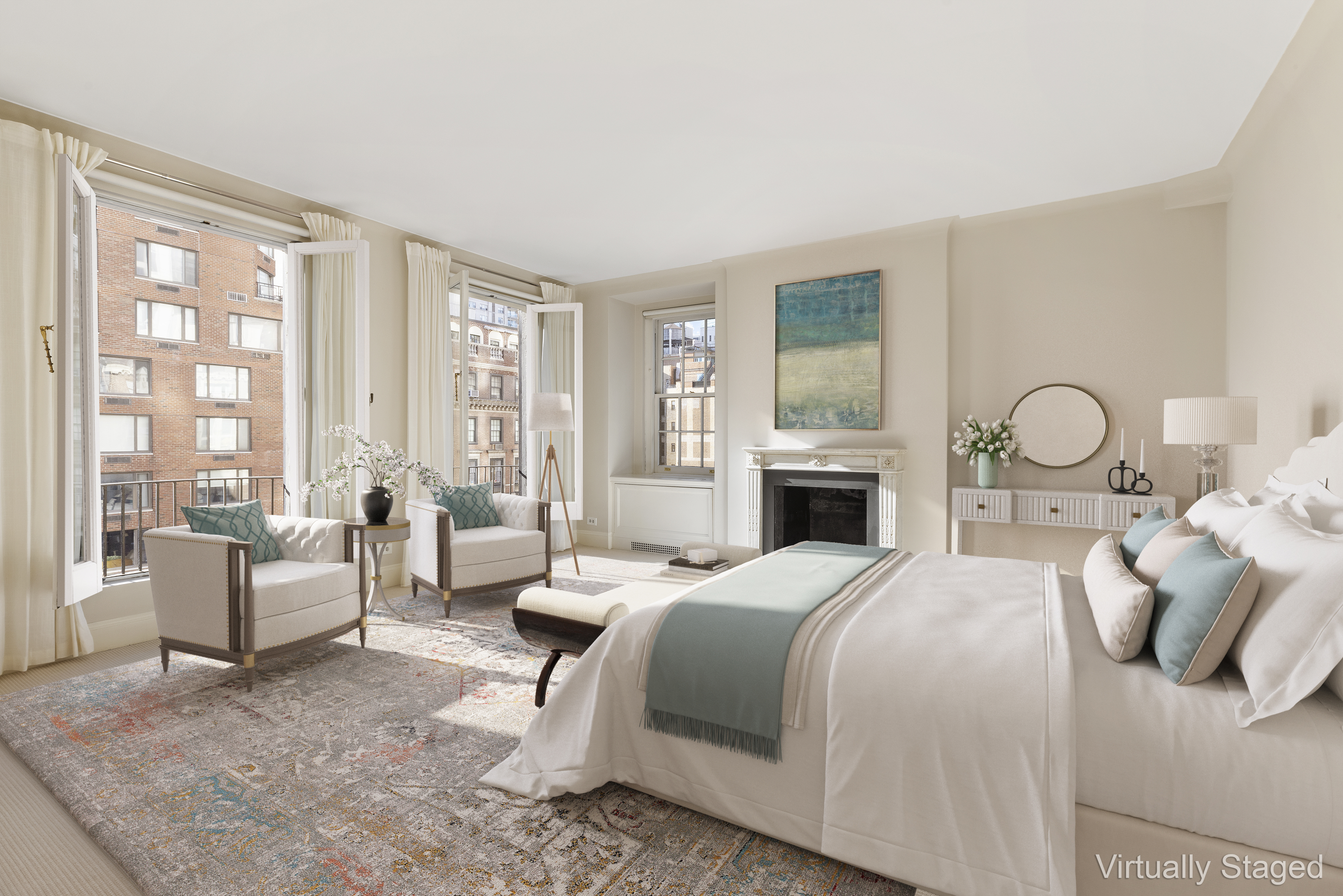 447 East 57th Street, Unit 14 Manhattan, NY 10022 - Photo 7 of 26 a bedroom with a bed couch and large windows